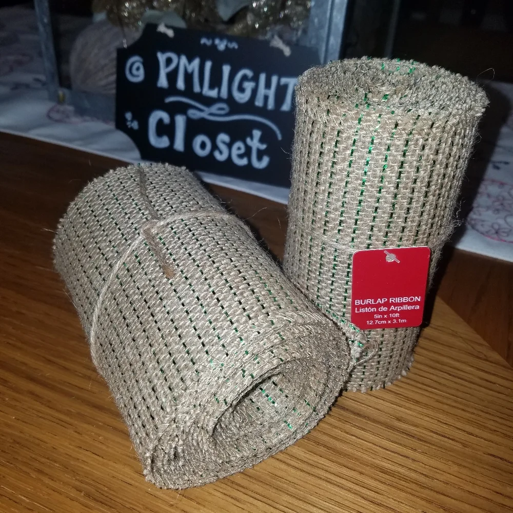 Burlap Ribbon Set of 2 Rolls Tan with Green New